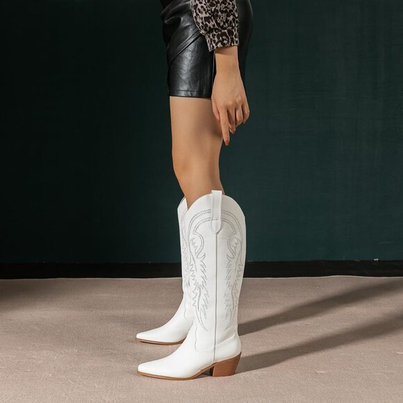 Amoji Womens White pu knee High Western Cowboy Pull On Pointed Toe Cowgirl Boots - Picture 4 of 7